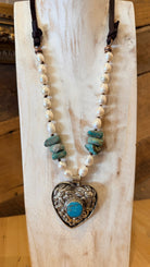 Tibetan Silver Heart Pendant with Handbeaded Pearl and Turquoise Necklace - Rebecca James Clothing