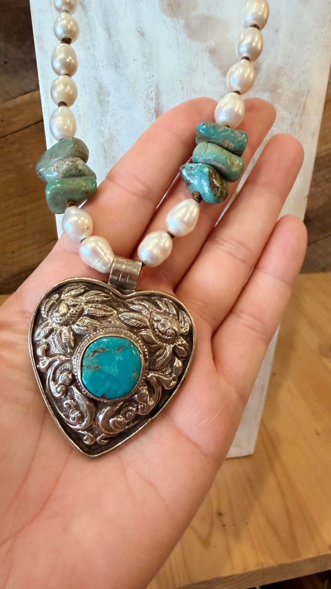 Tibetan Silver Heart Pendant with Handbeaded Pearl and Turquoise Necklace - Rebecca James Clothing