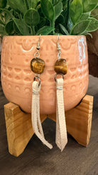Tigers Eye & White Leather Drop Earrings by RJC - Rebecca James Clothing