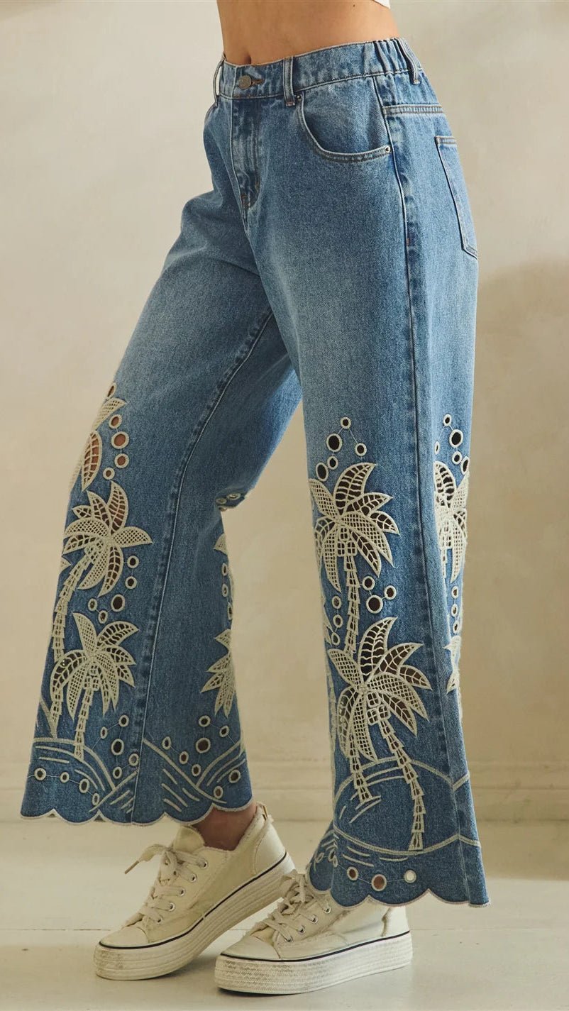 Tropical Cutout Relaxed Fit Jeans - Rebecca James Clothing