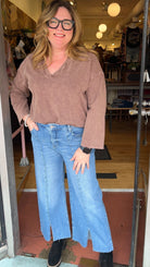 Tummy Control Center Seam Slit Wide Leg Jeans - Rebecca James Clothing