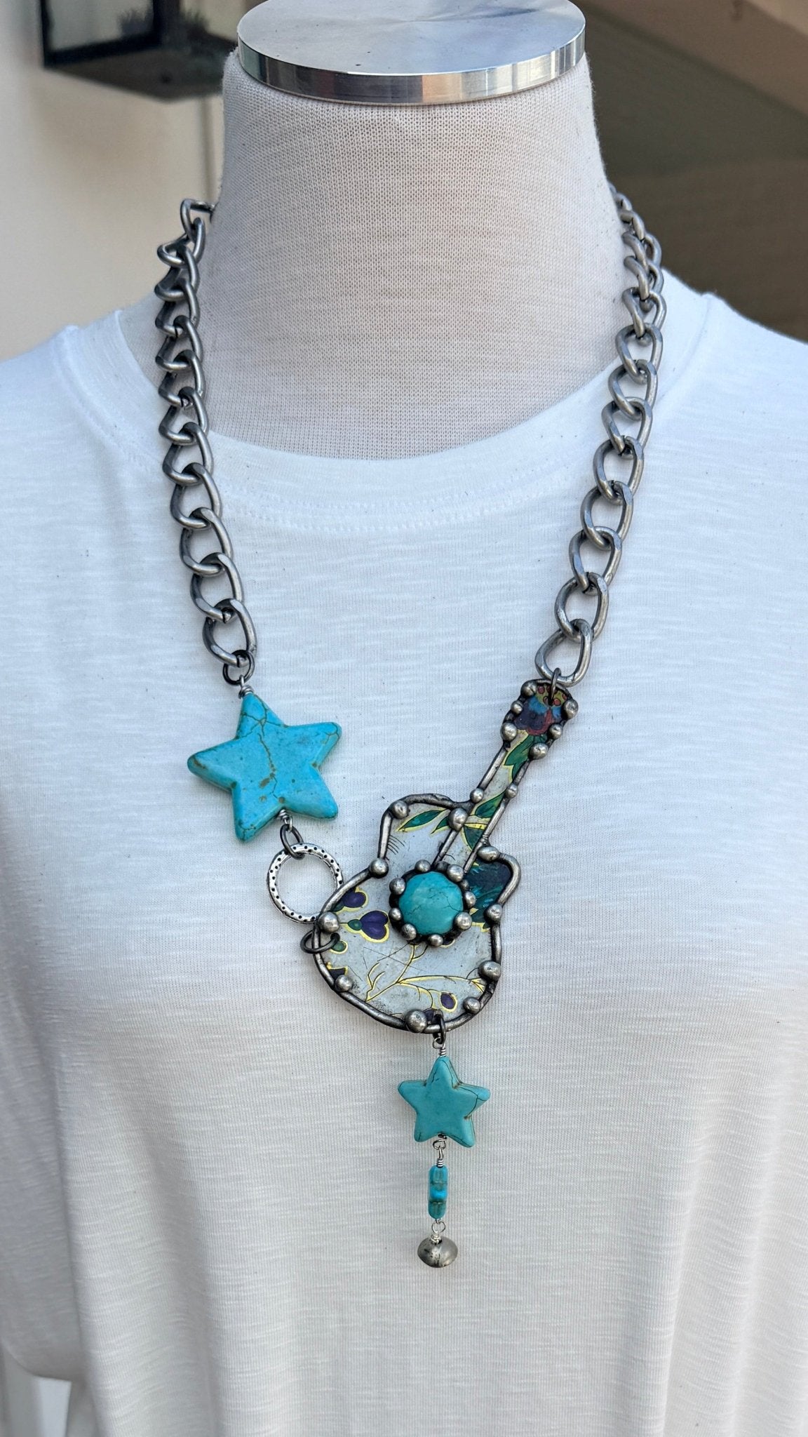 Vintage Tin Star Guitar Boho Necklace - Rebecca James Clothing
