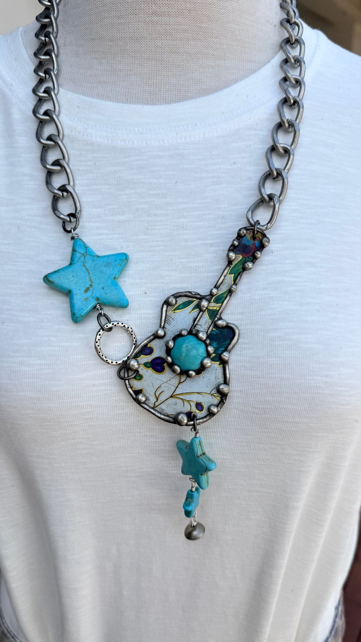 Vintage Tin Star Guitar Boho Necklace - Rebecca James Clothing
