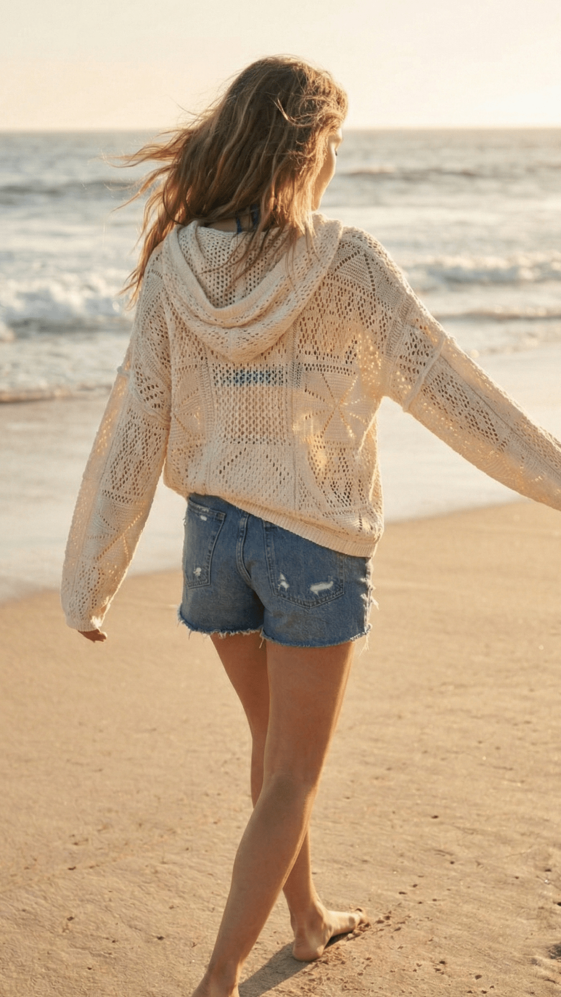 Walk in the Sand Open Weave Hooded Sweater - Rebecca James Clothing