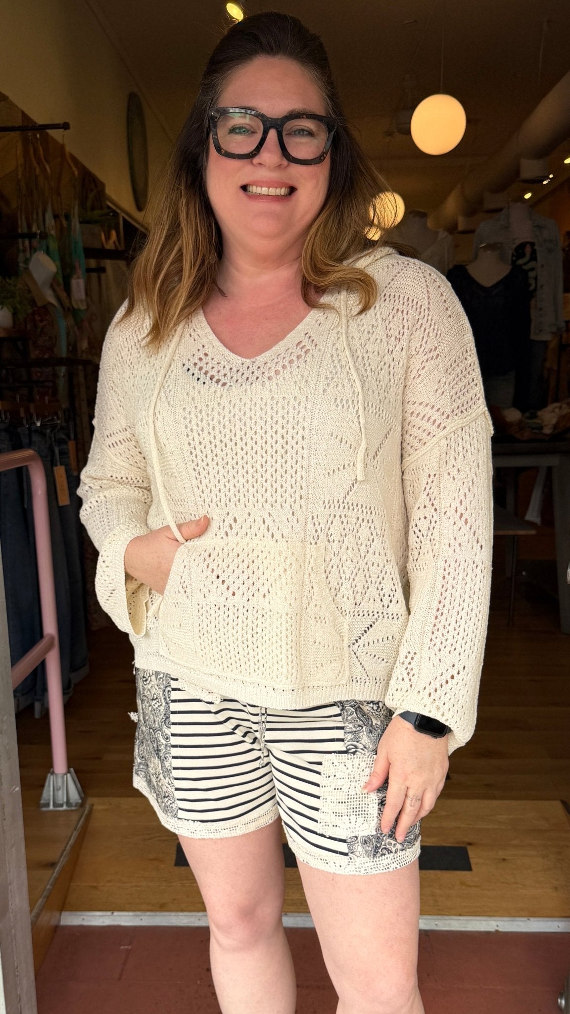 Walk in the Sand Open Weave Hooded Sweater - Rebecca James Clothing