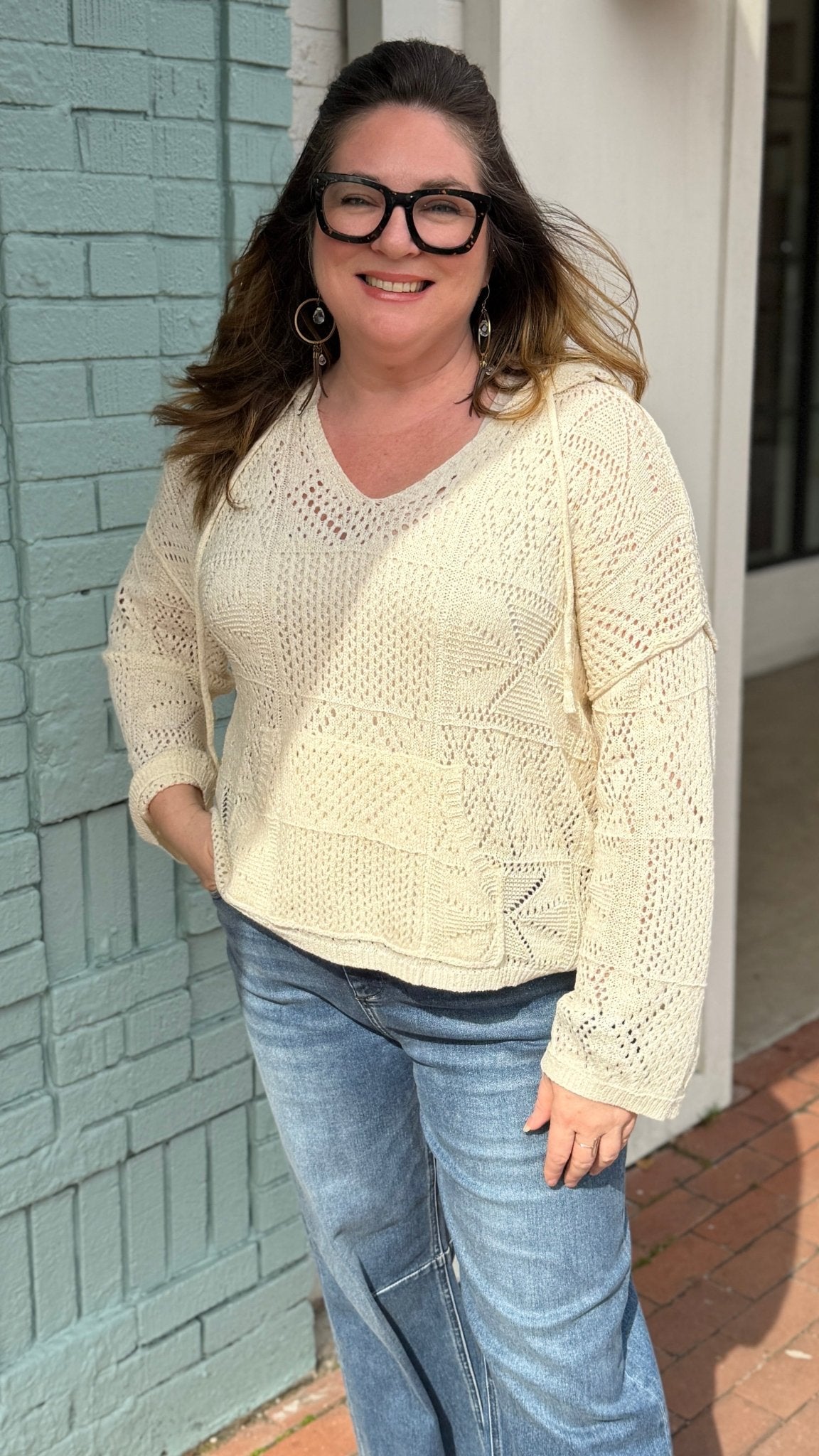 Walk in the Sand Open Weave Hooded Sweater - Rebecca James Clothing