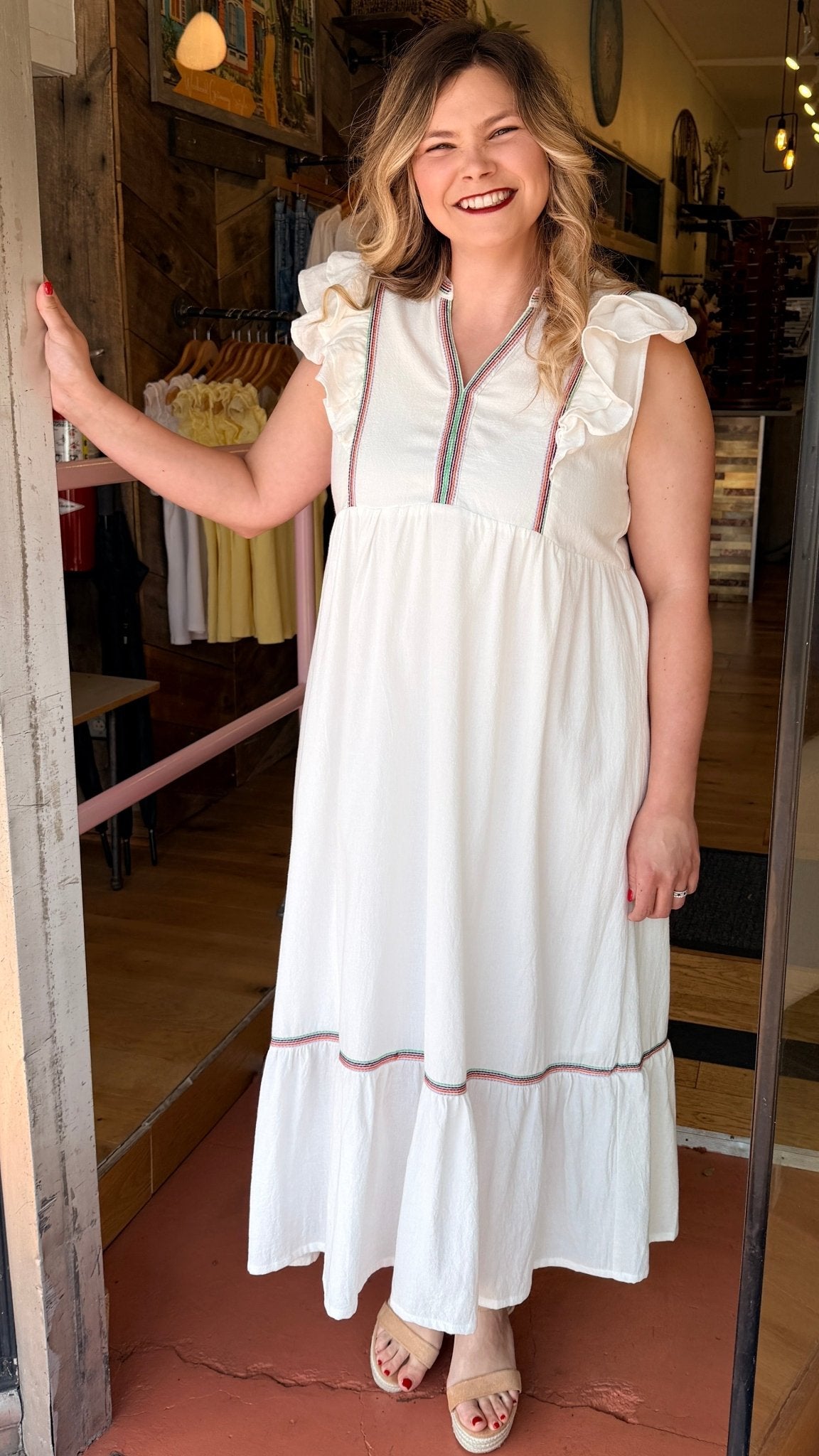 White Boho Maxi Dress with Embroidered Trim Detail - Rebecca James Clothing