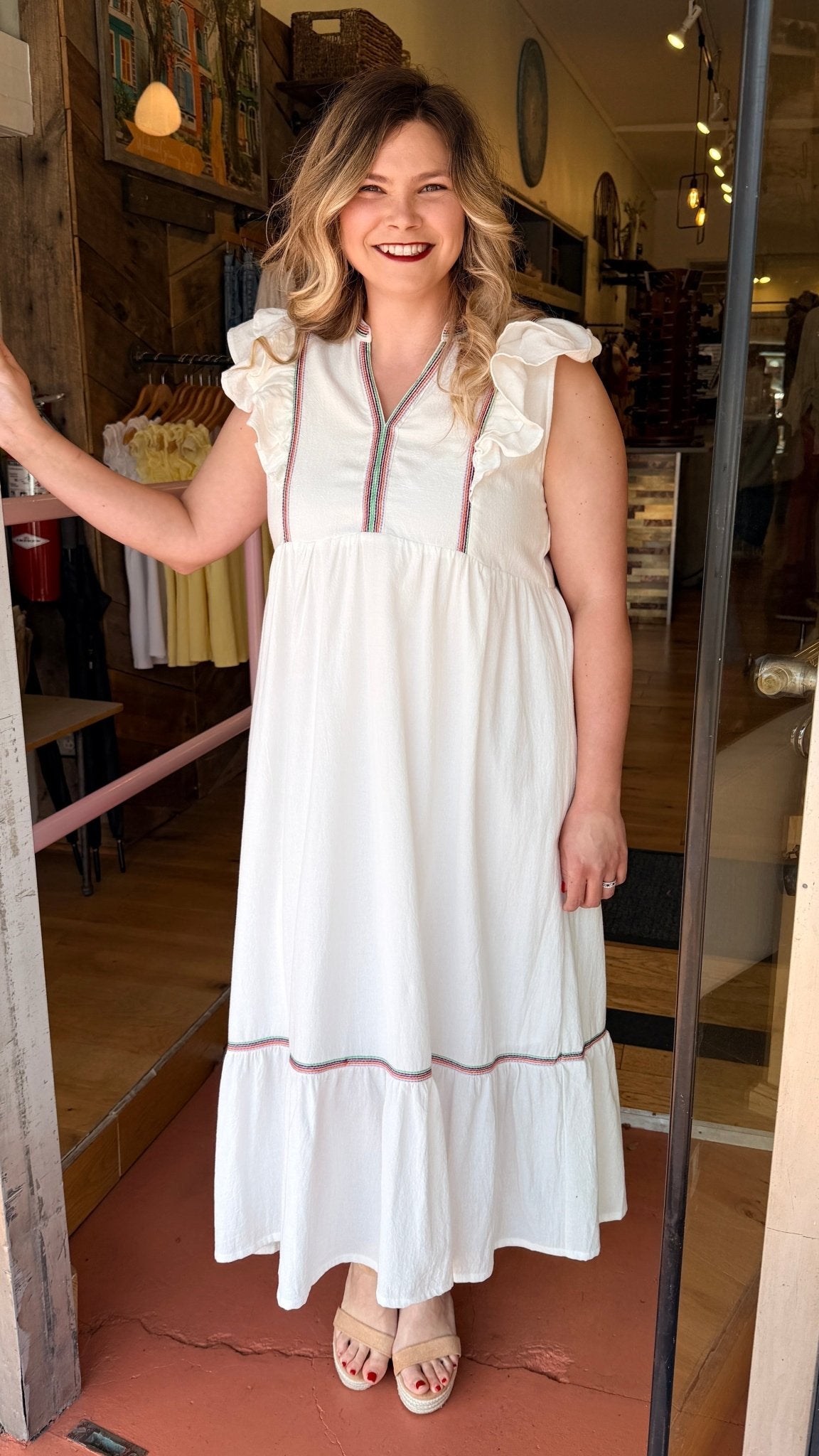 White Boho Maxi Dress with Embroidered Trim Detail - Rebecca James Clothing