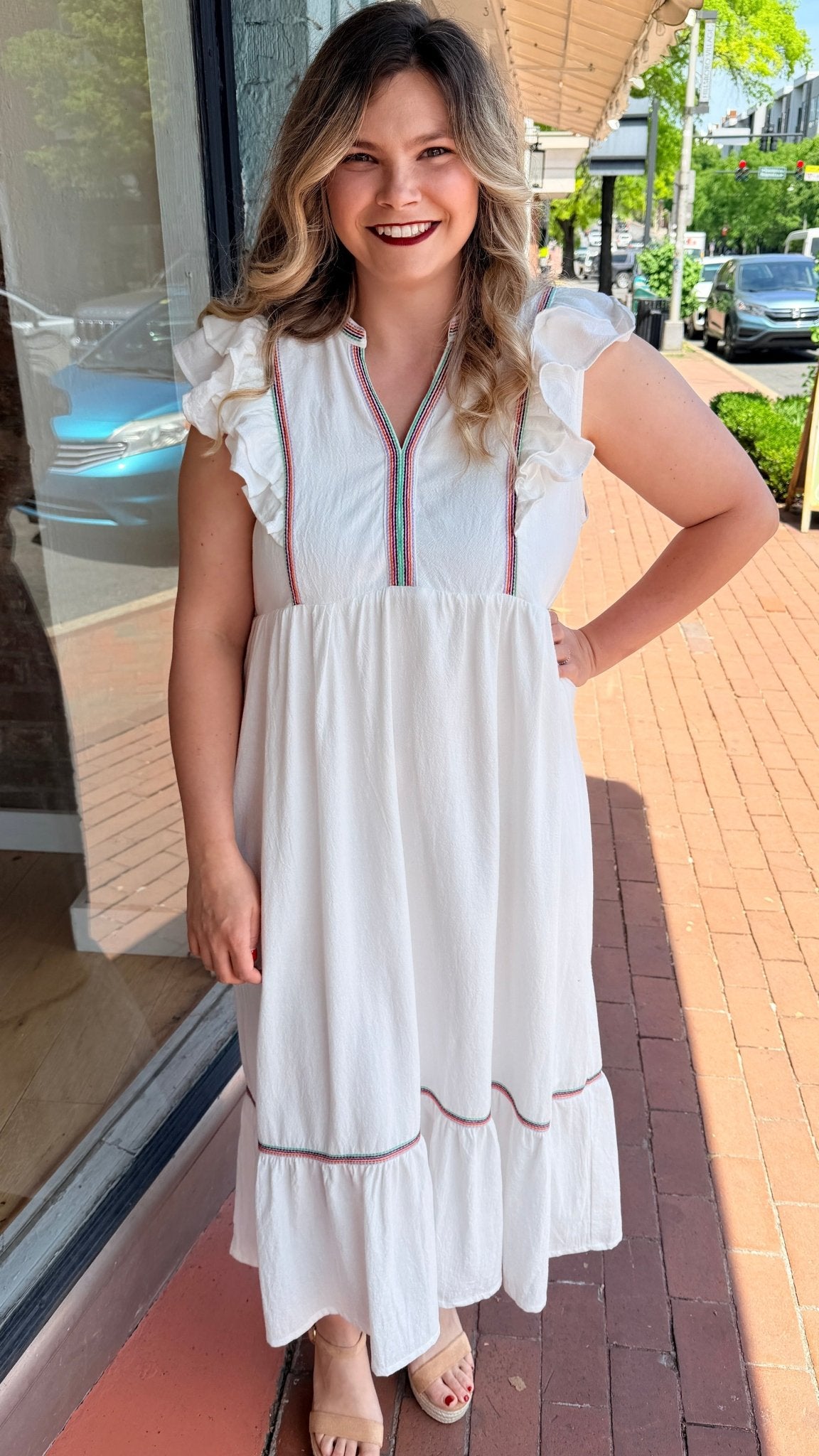 White Boho Maxi Dress with Embroidered Trim Detail - Rebecca James Clothing