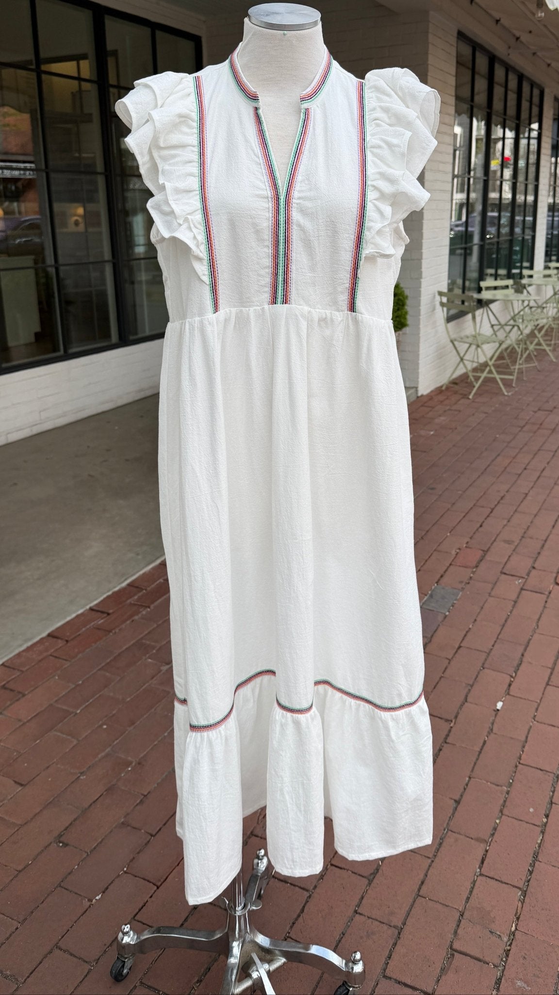 White Boho Maxi Dress with Embroidered Trim Detail - Rebecca James Clothing