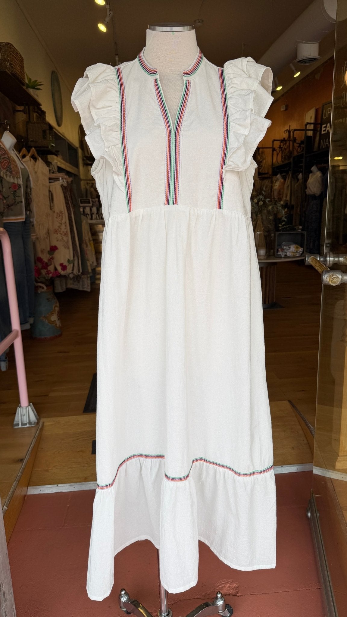 White Boho Maxi Dress with Embroidered Trim Detail - Rebecca James Clothing