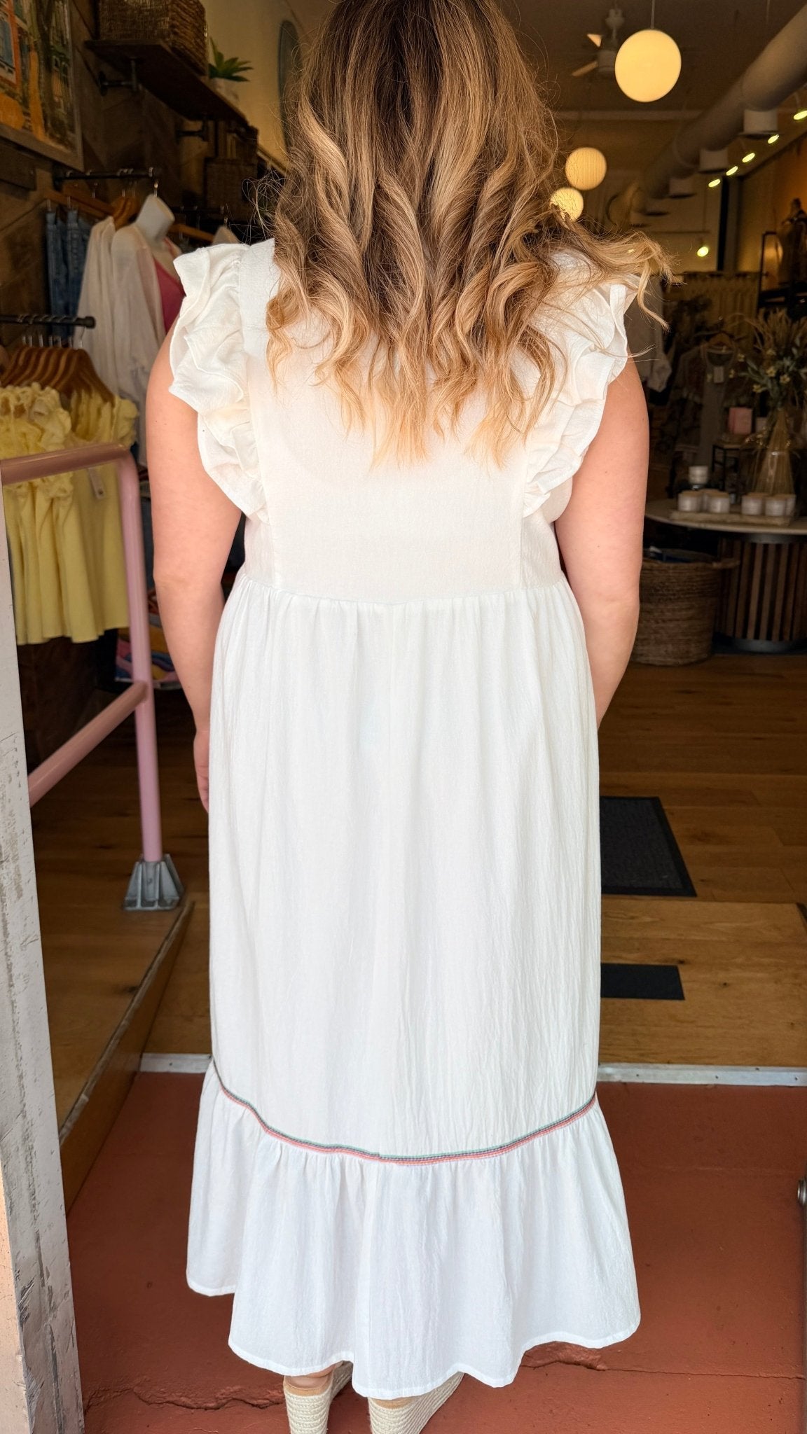 White Boho Maxi Dress with Embroidered Trim Detail - Rebecca James Clothing