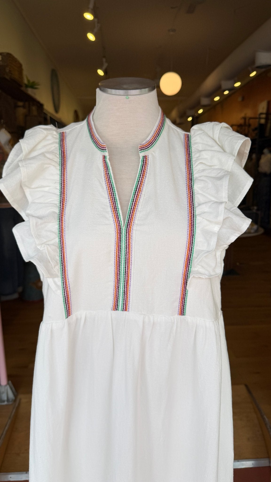 White Boho Maxi Dress with Embroidered Trim Detail - Rebecca James Clothing