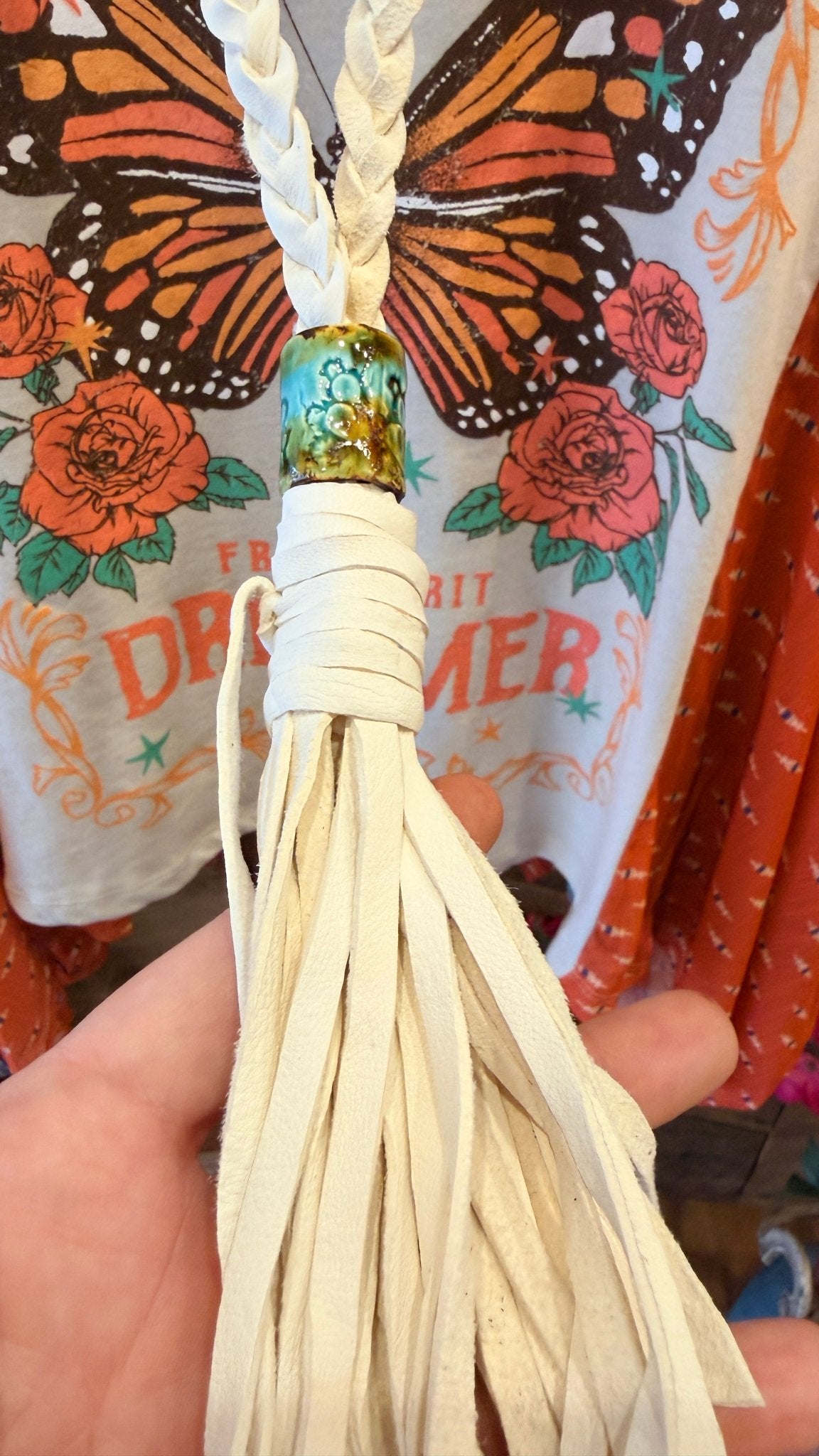 White Braided Leather Tassel Necklace With Pottery Ring - Rebecca James Clothing