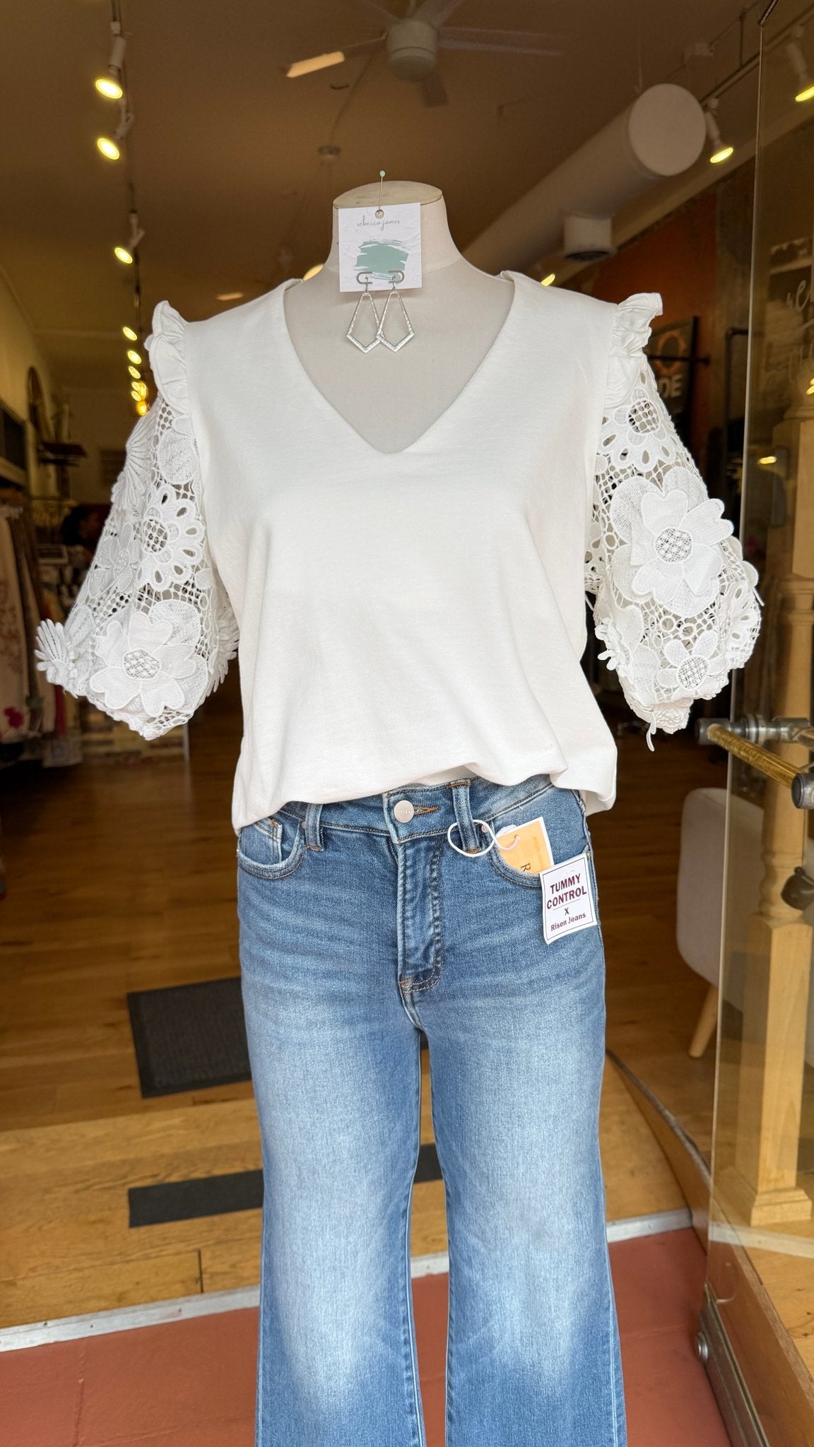 White Cotton Floral Puff Sleeve Top - Rebecca James Clothing