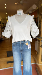 White Cotton Floral Puff Sleeve Top - Rebecca James Clothing