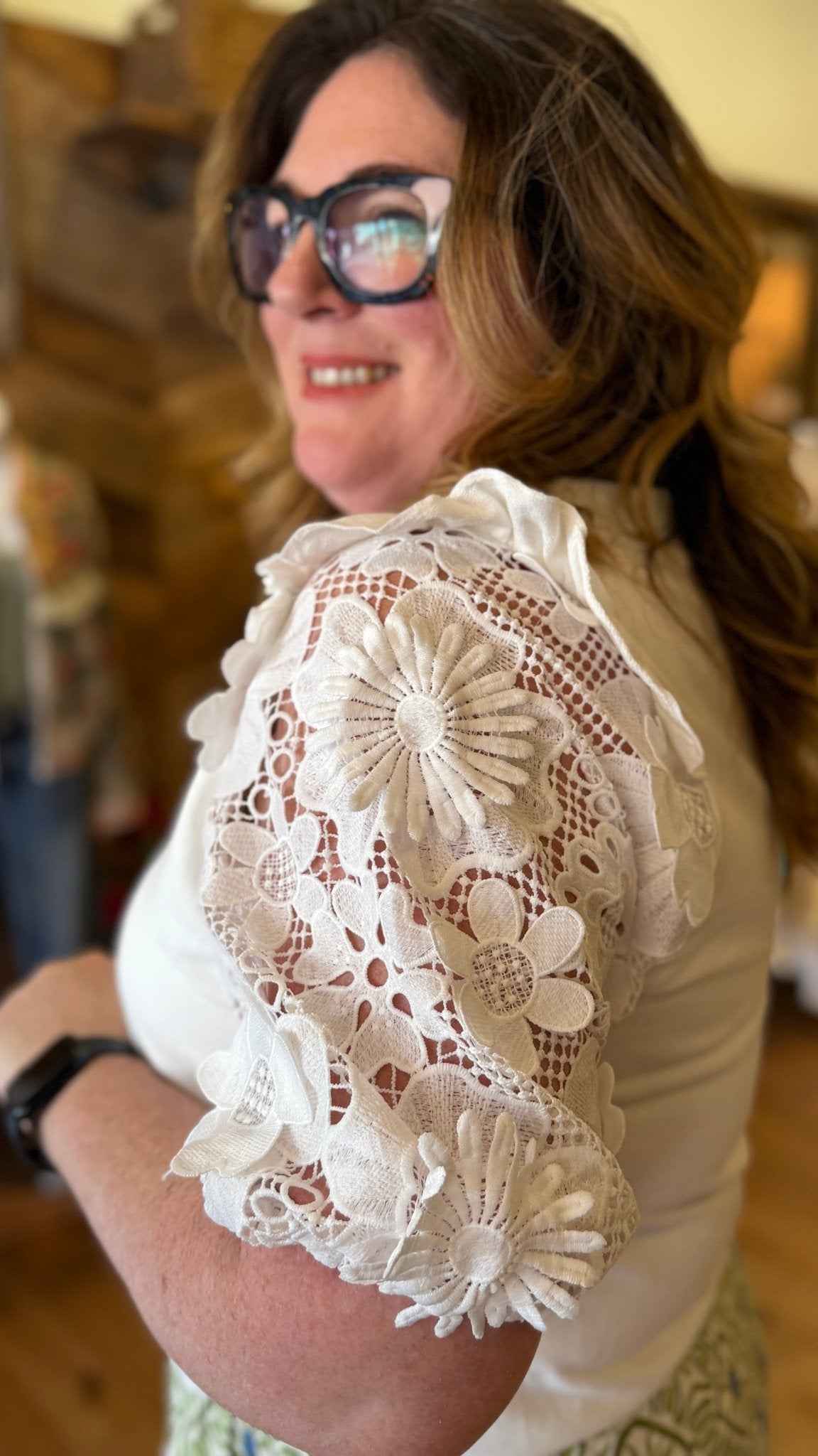 White Cotton Floral Puff Sleeve Top - Rebecca James Clothing