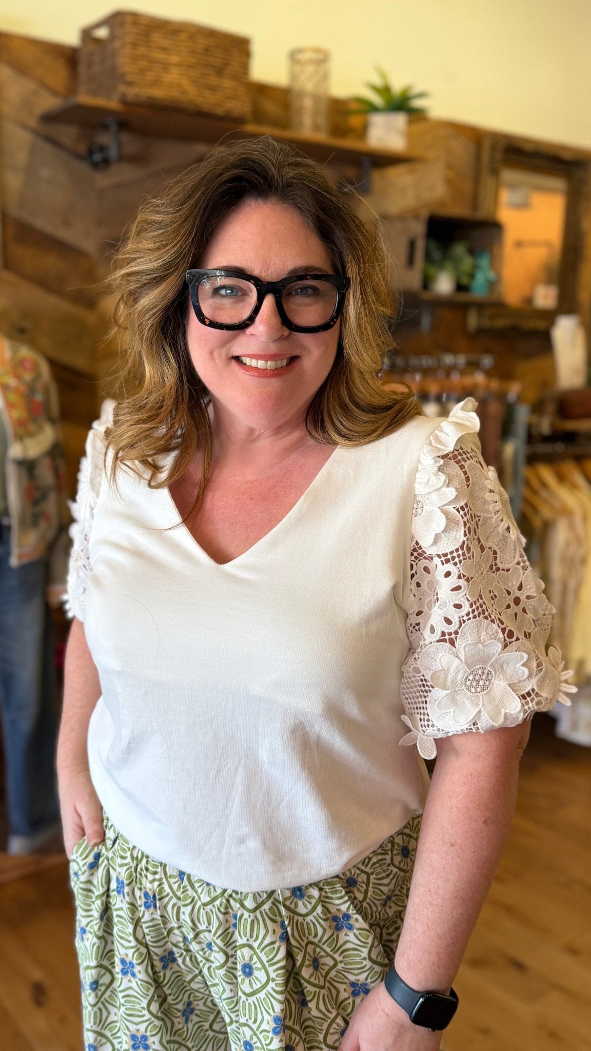 White Cotton Floral Puff Sleeve Top - Rebecca James Clothing