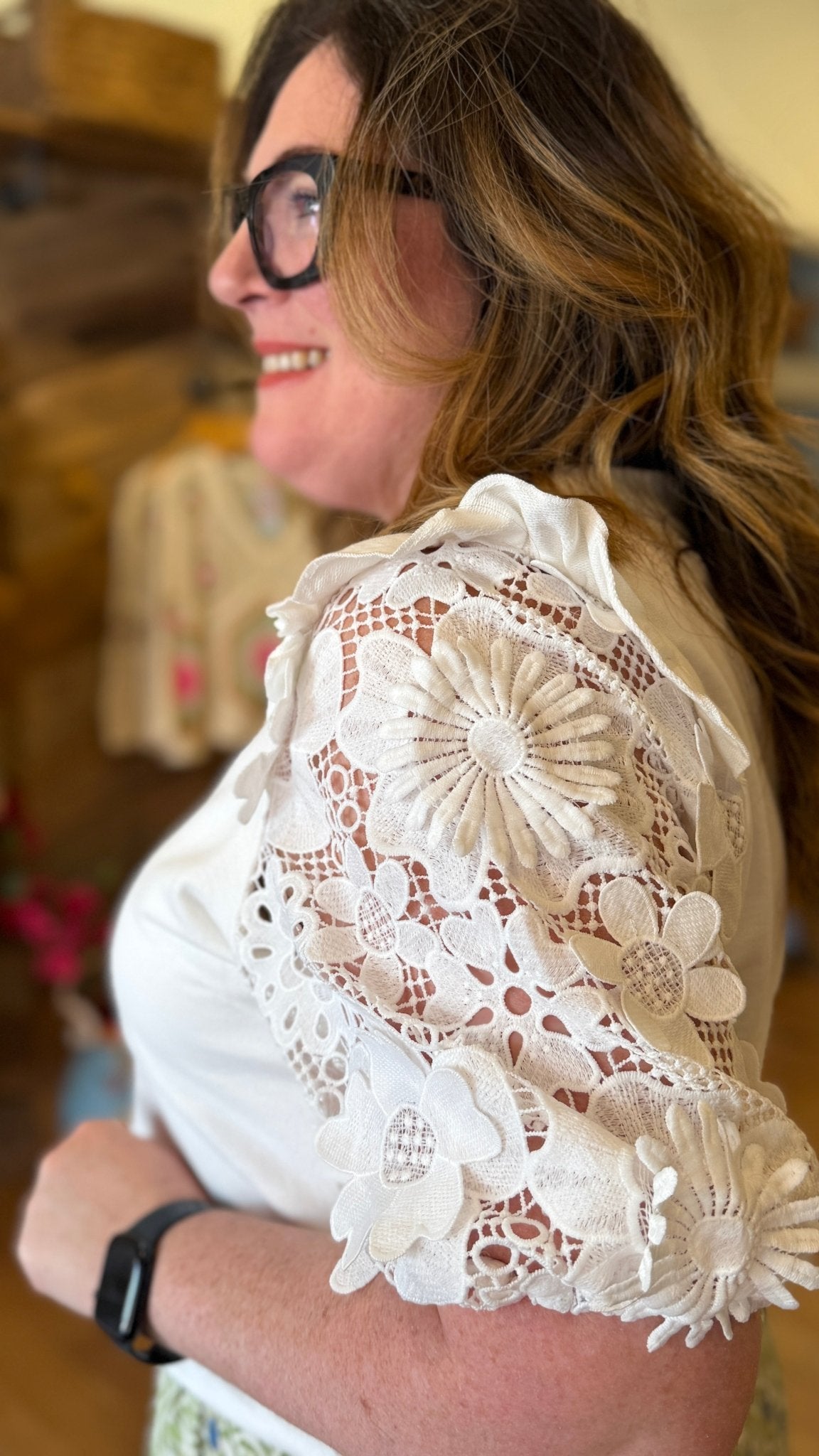 White Cotton Floral Puff Sleeve Top - Rebecca James Clothing