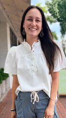 White Pearl Snap Ruffle Front Top - Rebecca James Clothing
