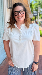 White Pearl Snap Ruffle Front Top - Rebecca James Clothing