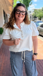 White Pearl Snap Ruffle Front Top - Rebecca James Clothing