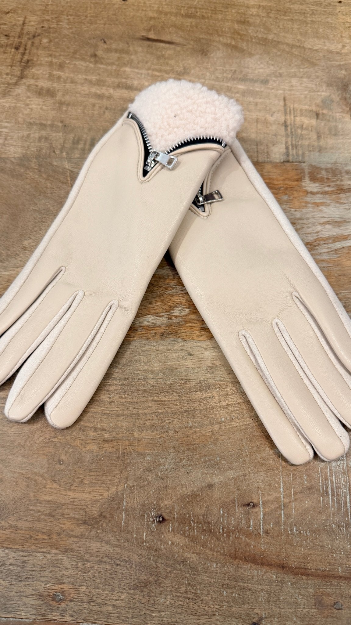 White Vegan Leather Shearling Zipper Gloves - Rebecca James Clothing
