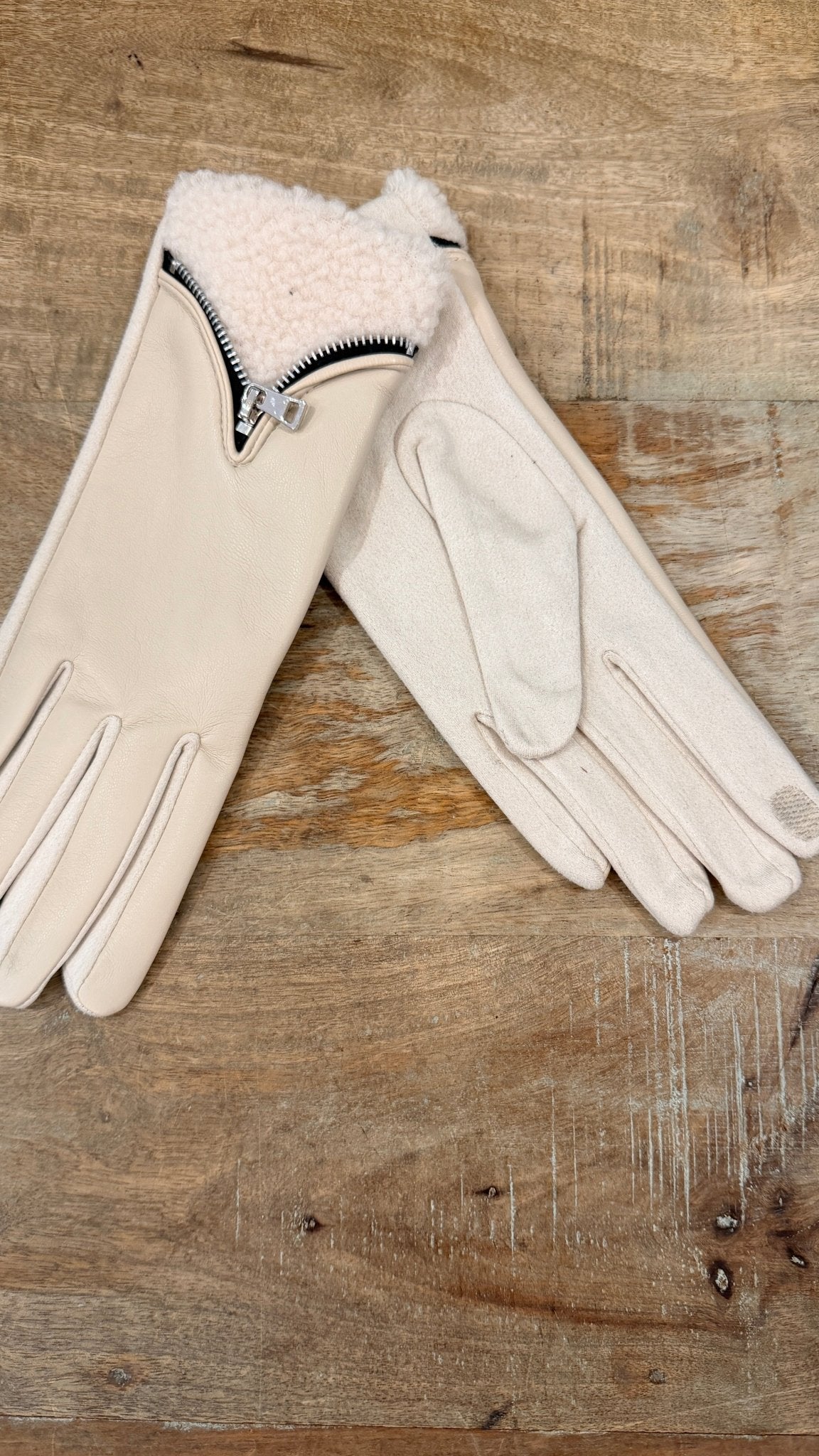 White Vegan Leather Shearling Zipper Gloves - Rebecca James Clothing