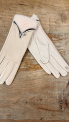 White Vegan Leather Shearling Zipper Gloves - Rebecca James Clothing