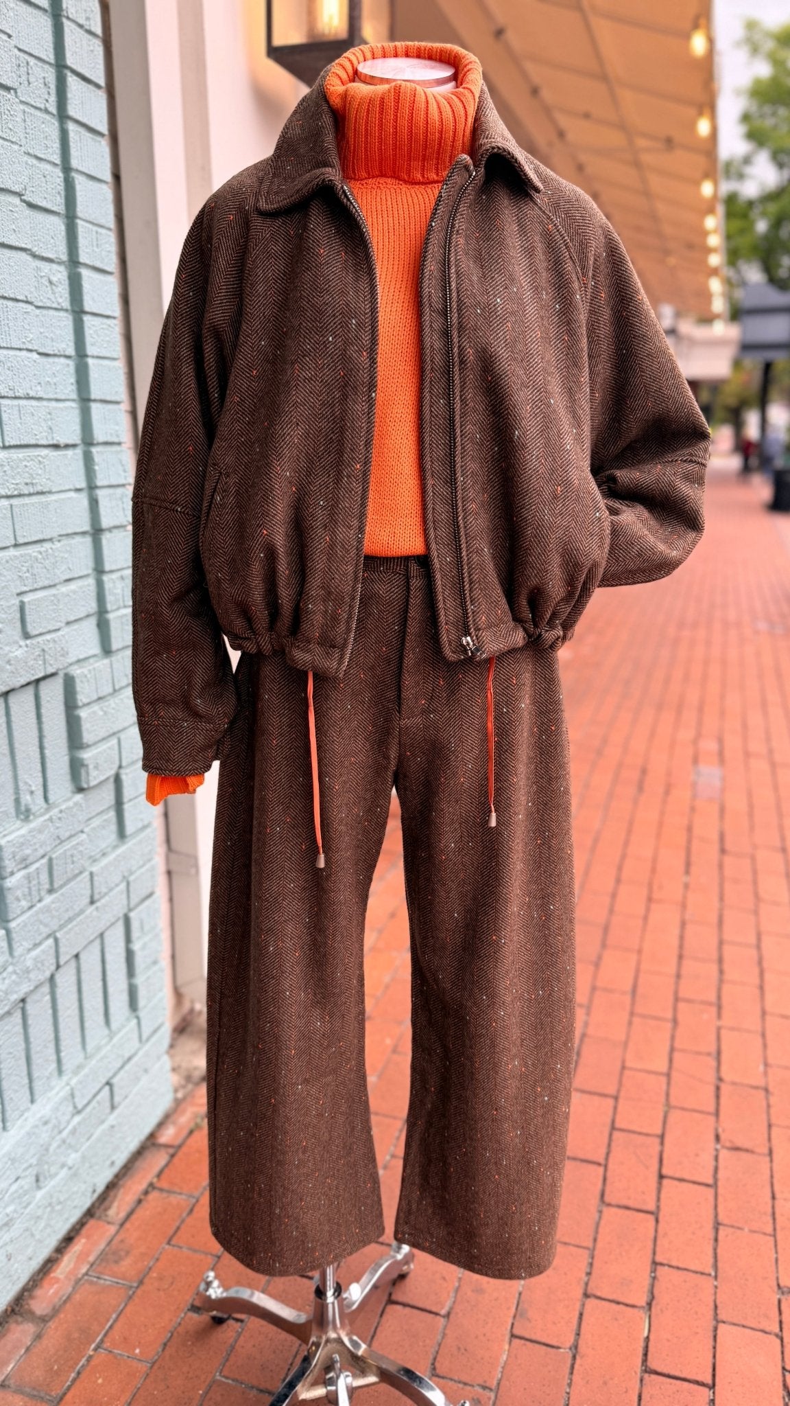 Wide Leg Brown Herringbone Pants - Rebecca James Clothing