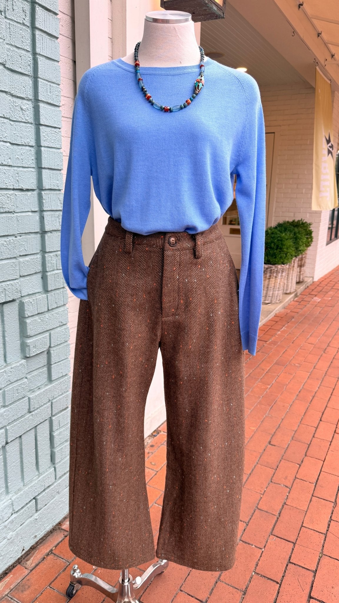 Wide Leg Brown Herringbone Pants - Rebecca James Clothing